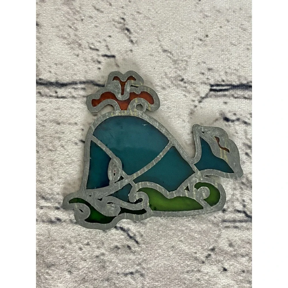 VTG Blue And Orange Whale Sun Catcher Stained Glass Style 3